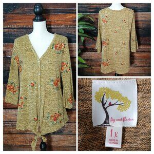 Fig & Flower Anthropologie Sweater 1X Cardigan Embroidered Tie Front 3/4 Sleeve